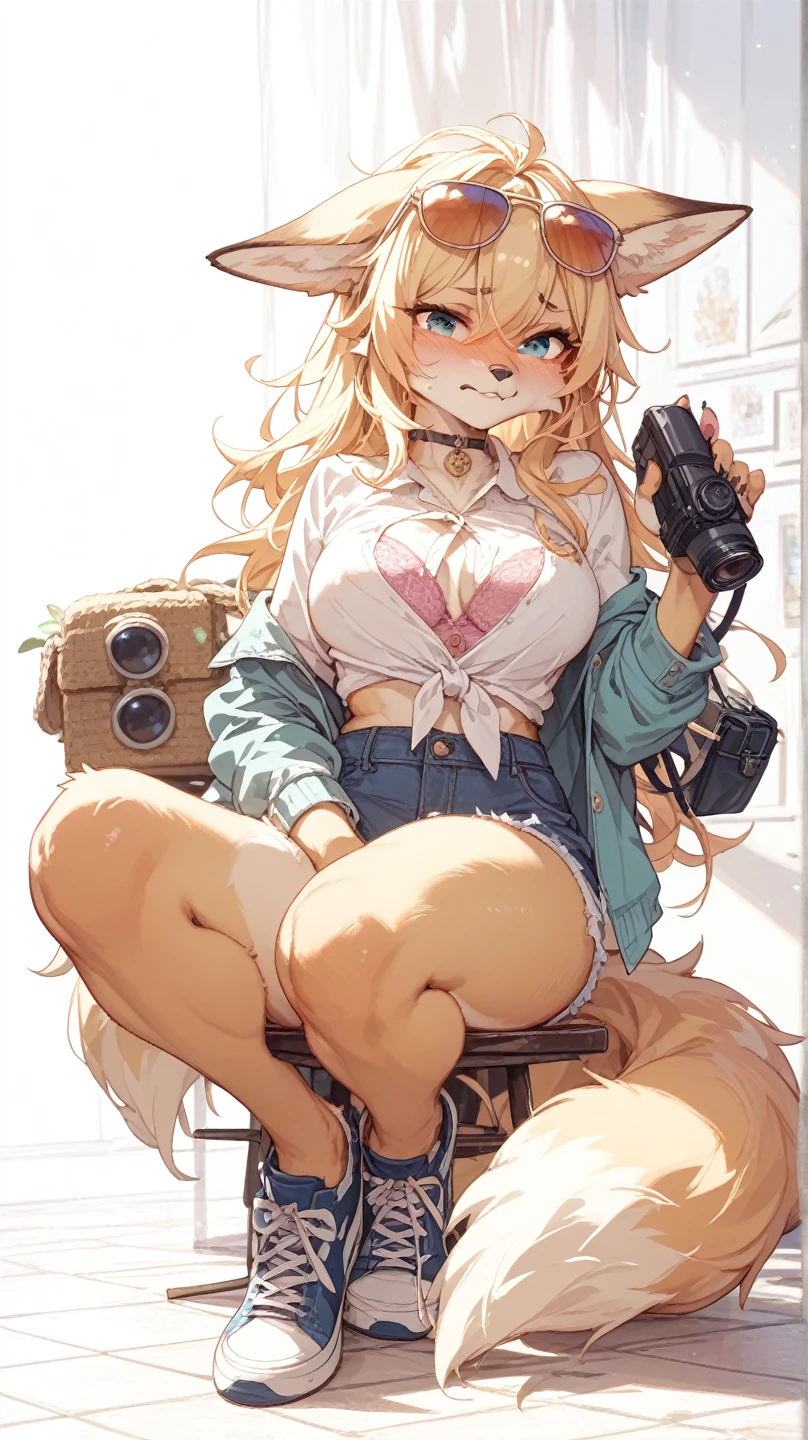 1girl, solo, blonde hair, green eyes, fringe, Cleopatra hair, sexy smile, in tech room, sitting on ground puppies on floor, bucket in front of her legs, underwear only, black lace-trimed bra, black lace-trimed panties, sit on seat spread legs, sneakers, bucket between her pantie