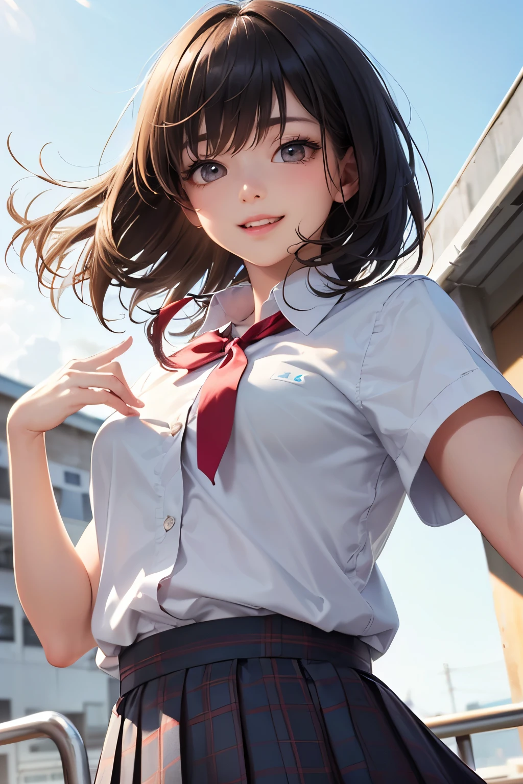 very young slim fit girl, at full height, rounded face, very long disheveled dark brown hair, big brown eyes, shy smile, perfect flat breast, band on head with fake cat ears, parororo, pioneer neckerchief, blue thight microskirt, bangs, shirt, collarbone, white shirt, short sleeves, collared shirt, belt, neckerchief, eyelashes, red neckerchief, breast pocket, ZM_alessia
