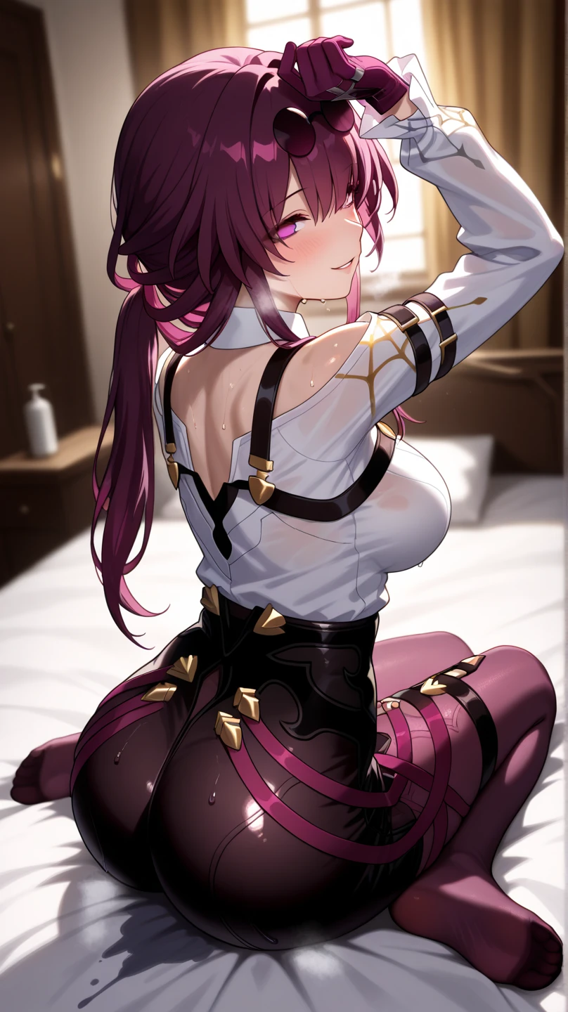 masterpiece, best quality, ultra-detailed, illustration,(1girl),beautiful detailed eyes, Fate go, Medusa, looking at viewer, close up, (breast focus), (arms behind back:1.2), (from above:1.1), long purple hair, small breasts, (off shoulder:1.1), lace underwear, radiant eyes, purple eyes, red eyes, Tulle coat random pantyhose, long purple hair, shiny eyes, mini skirt, ultra detail, sexy body, cleavage, clear panties, cameltoe, small breast, round bottom, seductive expression, sexual expression, laying on bed, upskirt, Holding a private, wide open smile, lewd face, sexual expression, surprised face, open mouth, blushing, blushy red cheeks, wet tongue, tongue sticking out, looking up, string of saliva, radiant lightning shining from background center, drool, kneeling on floor, kneeling over man, undressed man, man laying on floor, sitting up tall, arching back, sweaty, hot, running fingers through hair, pleasure face, begging, up skirt, embarrassed, colored lights in the background, collar, leash,