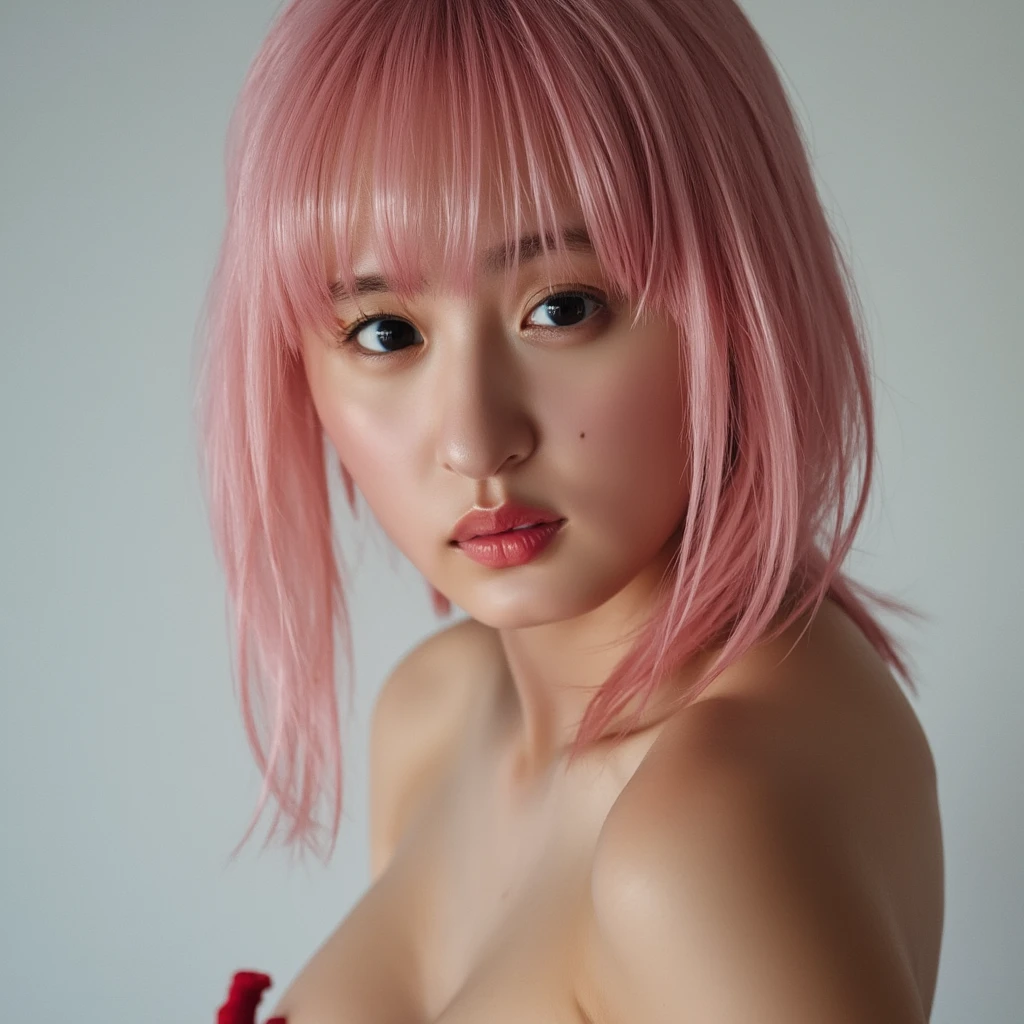 photorealistic, Lomo photography, indoor photography, best quality, masterpiece, full body view, beautiful pink-haired Korea sensual idol Kim Jisoo dancing nudist in front of a red wall of flowers in the dark studio, ((Kim Jisoo realistic face:1.8)), ((very beautiful thin face, perfect detailed eyes, very pointy nose, sensual lips :1.3)), ((very flirty face expression, very sensual smile :1.3)), ((pale white skin:1.5)), ((very messy pink hair:1.3)), ((very skinny body, six-pack abs, very skinny legs :1.3)), ((very very huge breast, areola protruding, very pointy pink nipples :1.3)), ((spreading legs very wide while dancing:1.3)), ((exposing pink vagina and very dense pubic hair:1.5)), ((very very dense pubic hair, very very thick pubic hair :1.8)), ((very wide open pink vagina hole:1.3)), ((perfect body anatomy:1.3)), ((very erotic dancing pose:1.3)), (background is (a red wall of flowers in the dark studio:1.3)), sensual photo of Kim Jisoo dancing nudist erotically in Lomo film color, ((dark blue lighting, lens flare, sharp focus :1.3)), ((Lomo camera:1.3)), ((Lomo cold color tone:1.3)), editorial model photography, Playboy magazine editorial photo, fine art erotic photography, 90's erotic photography, award winning nude photography