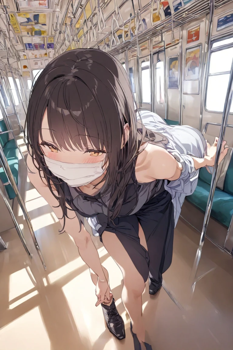 sweater, in bus, sitting on the seat, plaid skirt, stripe tie, cute big breasts, (invisible, no human, headless, handless:1.5)