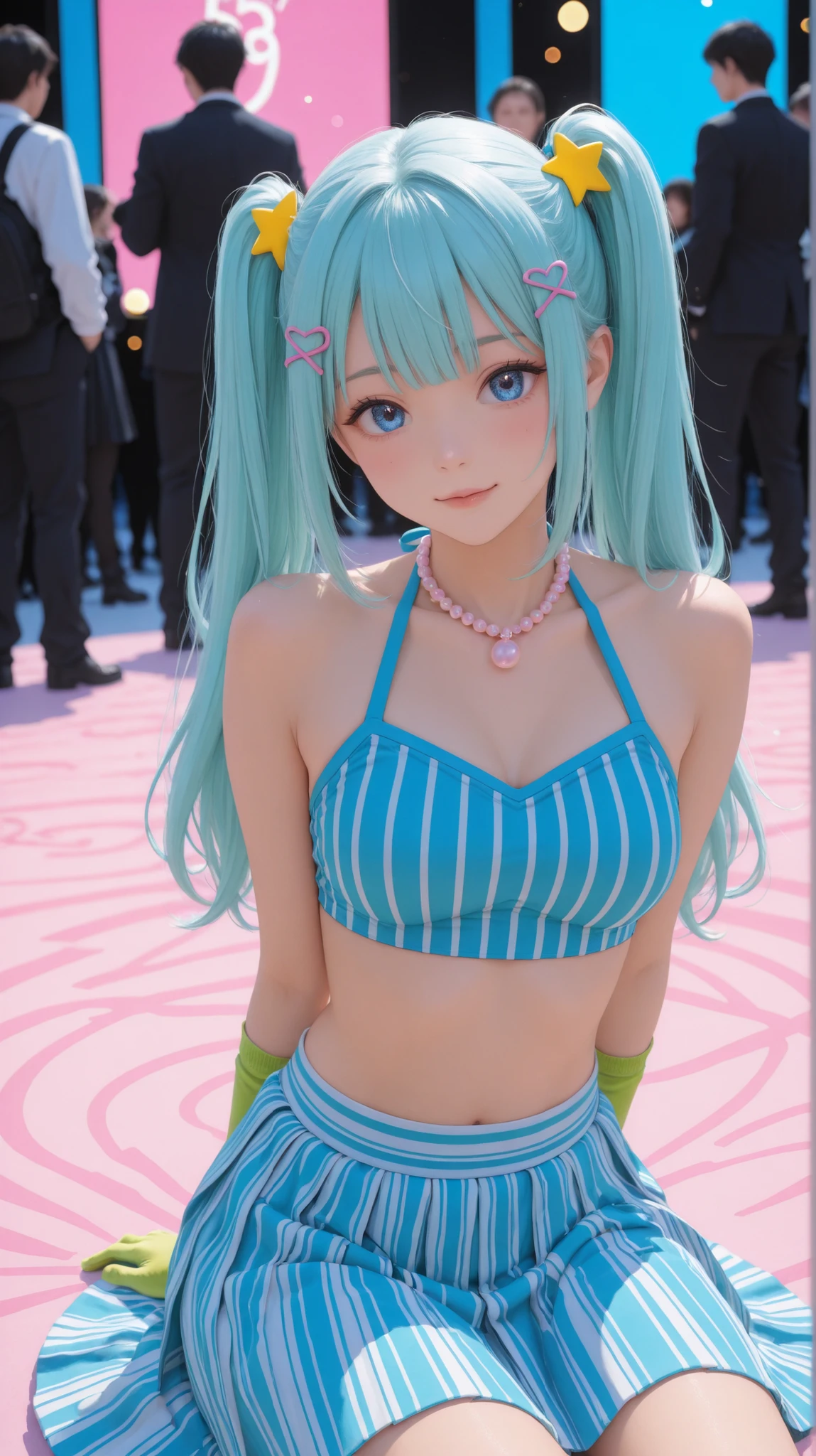 score_9, score_8_up , score_7_up , score_9,Score_9, Score_8_up , Score_7_up ,A lively anime cosplayer with light blue twin tails adorned by yellow star hairpins strikes a playful sitting pose, her sparkling blue eyes accentuated by a pink pearl necklace. She wears a vibrant purple-blue halter crop top paired with vivid green gloves and a blue striped maxi skirt. Soft bokeh backgrounds hint at a convention crowd, while dynamic lighting highlights the intricate costume design in a colorful anime art style