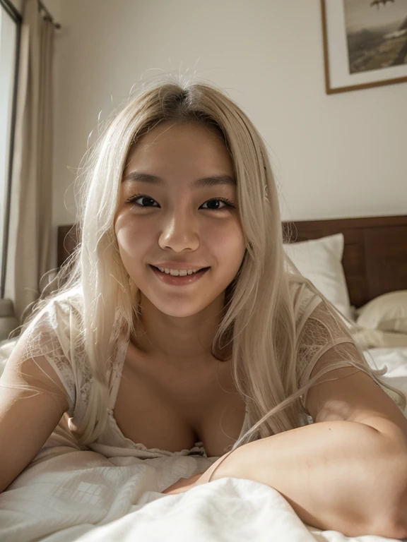 Beautiful Japanese Women, Angelic Face,Long, straight blonde hair,bangs, big breast,  big breasts , big  ,  Big Breasts, big chest,double eyelid,  Beautiful Face,  High resolution, Realistic details, wearing a sexy off shoulder big loose t-shirt, Shorts,Selfie, inside her big apartment home, Selfie ,girl ,Selfie ,