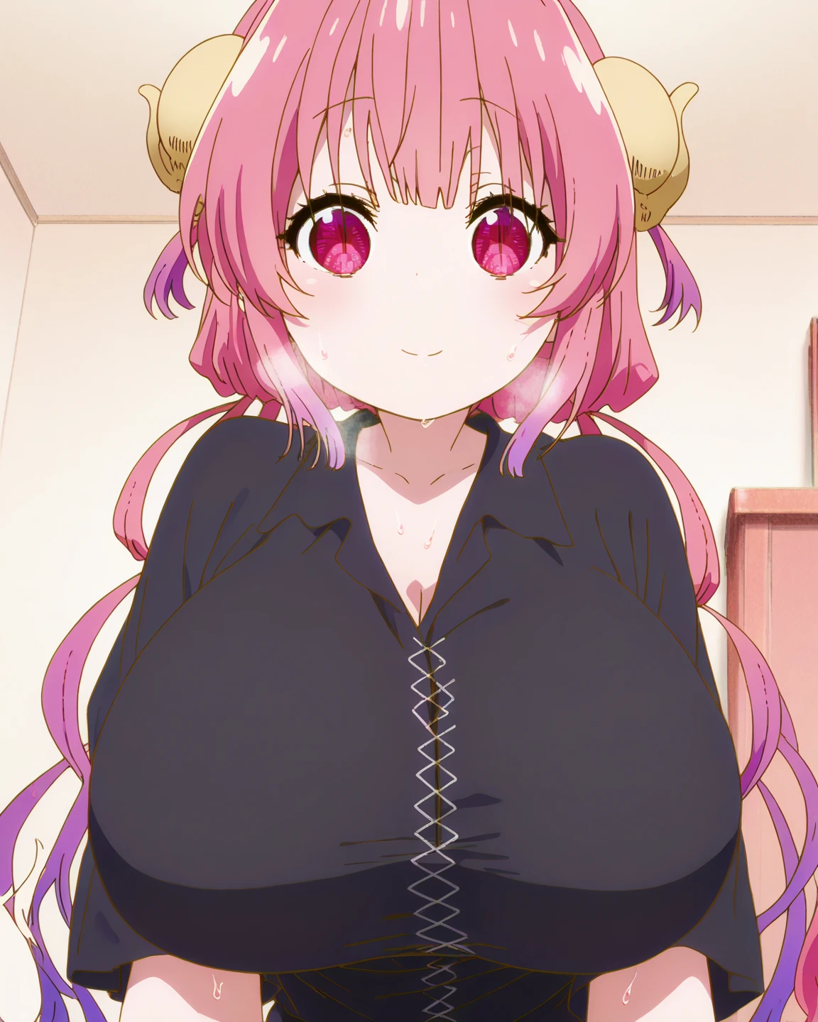 Chica de anime con cabello rosado y ojos rosados parada frente a un estante, Mejor chica del anime, Shirabii, Anime visual de una chica linda, OPPAI, Anime Moe Artstyle, Chica de anime llamada Lucy, seductora chica de anime, ??????????? loli, Una chica de anime, Pelo rosa de cola doble y ojos cian, Joven chica anime, Fotograma de anime de TV