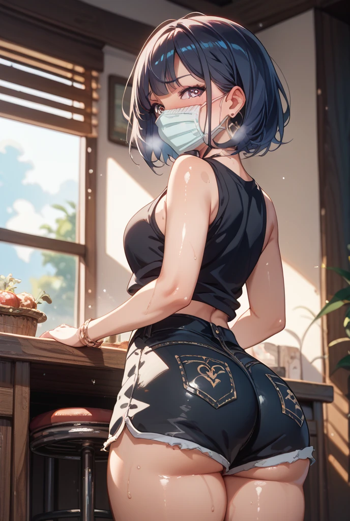 1girl, dark purple hair, short hair, from behind, crouching, blue short, denim short, butt crack, whale tail, thong, ass, double bun, hair ribbons, red ribbons, ((lowleg panties))