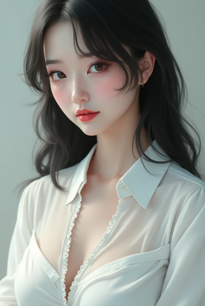 Swarthy Asian Girl 16 years with dark brown hair in school form in white transparency shirt vision nipples realistic style realistic style