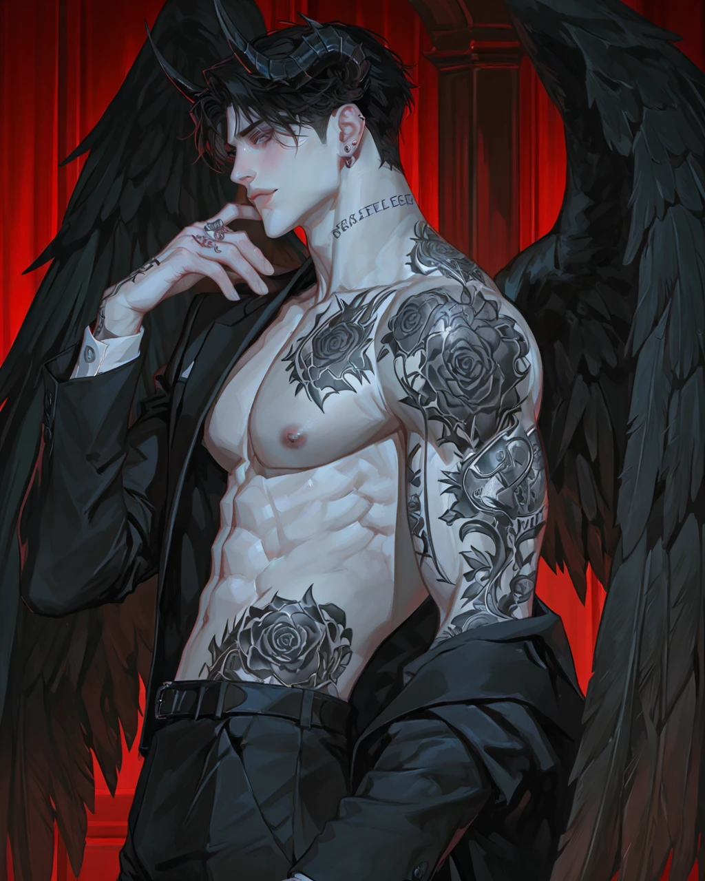 Gothic boy, 18 years old, angel with 4 white wings, rock style, tattoos on chest and arms, rose tattoos, red hair, on a sunset background in a cementery