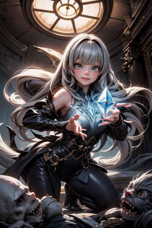 pixar, disney artwork, absurdres, detailed eyes, distinct pupils, chibi, anime eyes, cute, photograph of a wolf girl, anthro girl, 1girl, snow, snowing, (ice), icicles, frozen, chilling, chilled, ominous, horror, creepy, wearing body armor made of human bones, (skull:0.9), piercings, fur details, fur pattern, fuzzy, fluffy, (lightning strike), (lightning), storm, cloudy sky, backlighting, forest, nighttime, mist, fog, full moon, detailed claws, glowing, jewelry, necklace, gold chains, (gold spikes), (fangs), smile, snarl, punk, wild hair, chromatic aberration, depth of field, soft lighting, masterpiece, best quality, intricate, tone mapped, highly detailed, artstation, concept art, smooth, sharp focus, dramatic lighting, highly detailed artwork, cinematic, hyper realistic painting, trending on Artstation, 8K, incredible shadows, realistic, (highly detailed background:1.0)