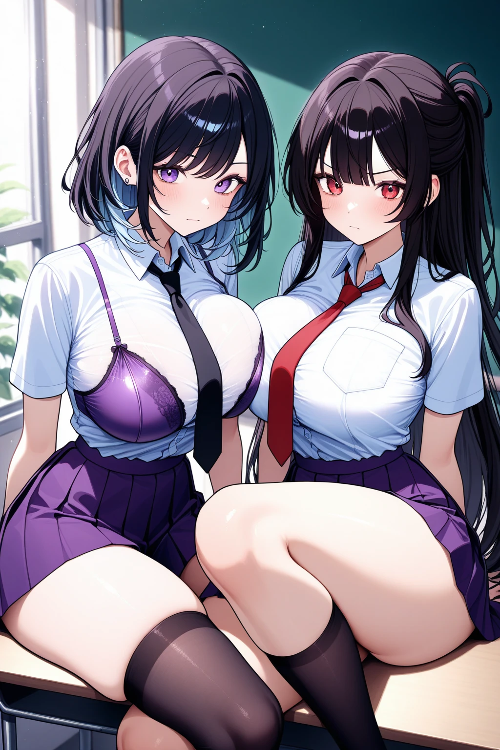 (cute eyes:1.2), (sparkling eyes:1.2), (8K、Best image quality、highest quality、masterpiece)、Detailed face、(2 girls)、Improve、(Black Hair, Purple Eyes, long hair)、(open mouth), (embarrassed), (huge breasts:1.3), (Sailor suit:1.2), (cleavage cutout), (torn clothes:1.6), all fours a chair, Classroom Background, (close-up shot of bust), (from above:1.2)