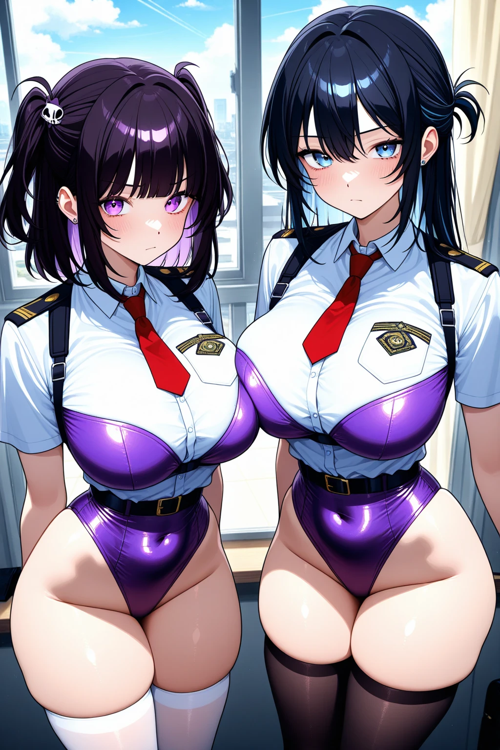 (8K ,Ultra-detailed,Super real photos,Best masterpiece,Nature,perfect work of art,perfect female body),two women,Sister and sister, sisters,rainbow hair,perfect face,(huge tits),neighbor wife,woman hairstyle,elegant wife,At the police station,Exquisite and ,wearing police officer uniform,police uniform,super short thong,穿着低胸露肩police uniform,T-shaped small,huge big,naked leg,full body shot,elastic muscles,raised raised raised,Obscenity exposed