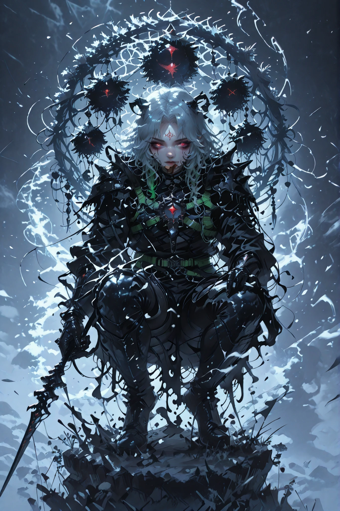 demonic horse woman with green locks and gray hair hair in a black and red bodysuit,seductive girl with tattoos,sex position,косплей anime-девушки,anime-девушка в реальности,detailed ,high definition,photorealistic,perfect lighting,careful drawing,deep detail,anime,Realistic,4K,HDR,professional,bright colors,blurred background,держит в руках Staff dream Catcher, тату dream Catcher на груди, dream Catcher, Staff, green harness, detailed угол сзади, standing on a cliff, terrible ghosts are flying around, огромный dream Catcher, portal