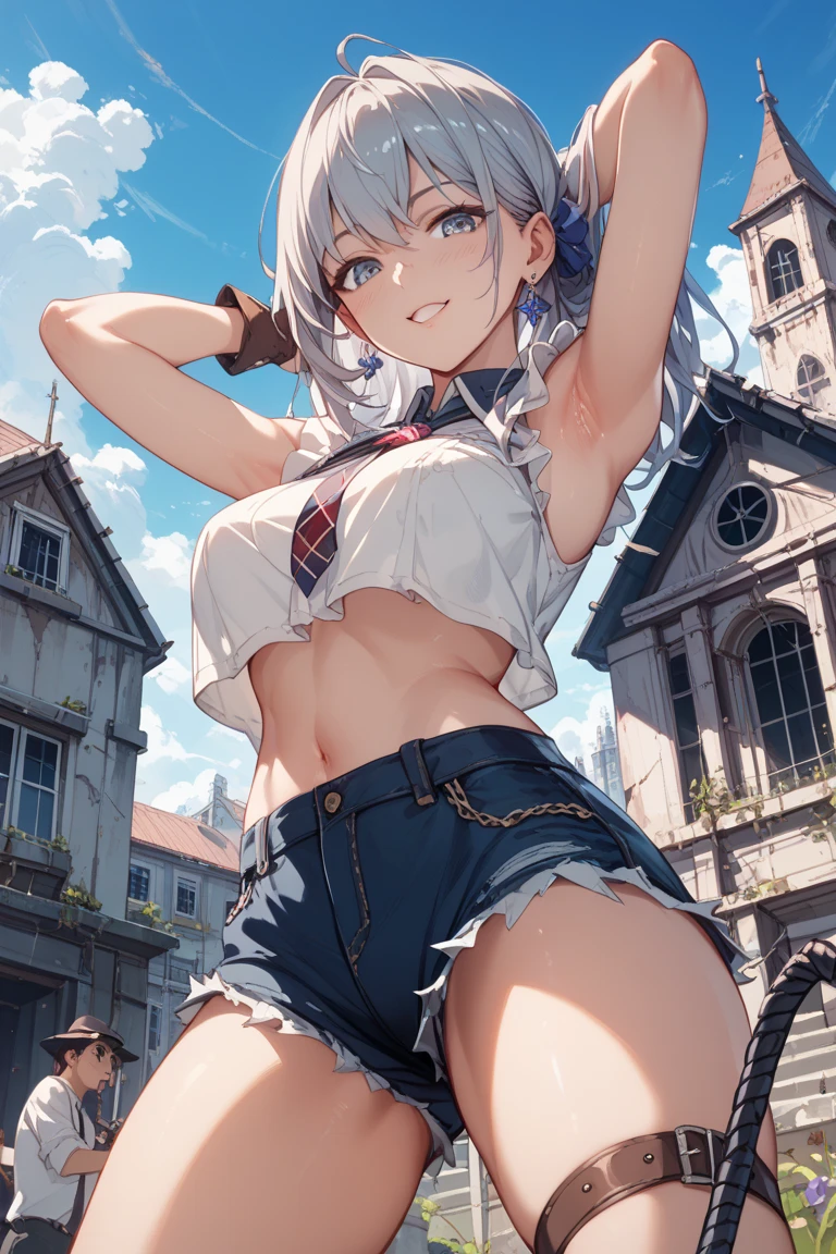 masterpiece, (realistic, photo realistic:1.2), ((highest quality), extremely fine and beautiful, beautiful face details, real human skin, realistic, photorealistic, cowboy shot, Alisa Mikhailovna Kujou, ahoge, long hair, grey hair, hair intakes, hair ribbon, red ribbon, sidelocks, hair between eyes, bangs, blue eyes, school uniform, grey jacket, cropped jacket, blazer, open jacket, open clothes, wing collar, red bowtie, collared shirt, white shirt, medium breasts, long sleeves, black dress, pleated dress, double-breasted, zettai ryouiki, white thighhighs, White underwear, (wind, wind lift, Skirt lifted by the wind, skirt rolled up by the wind, Skirt flutters:1.5), (Fully exposed panties:1.5), (white panties:1.5), (standing :1.2)