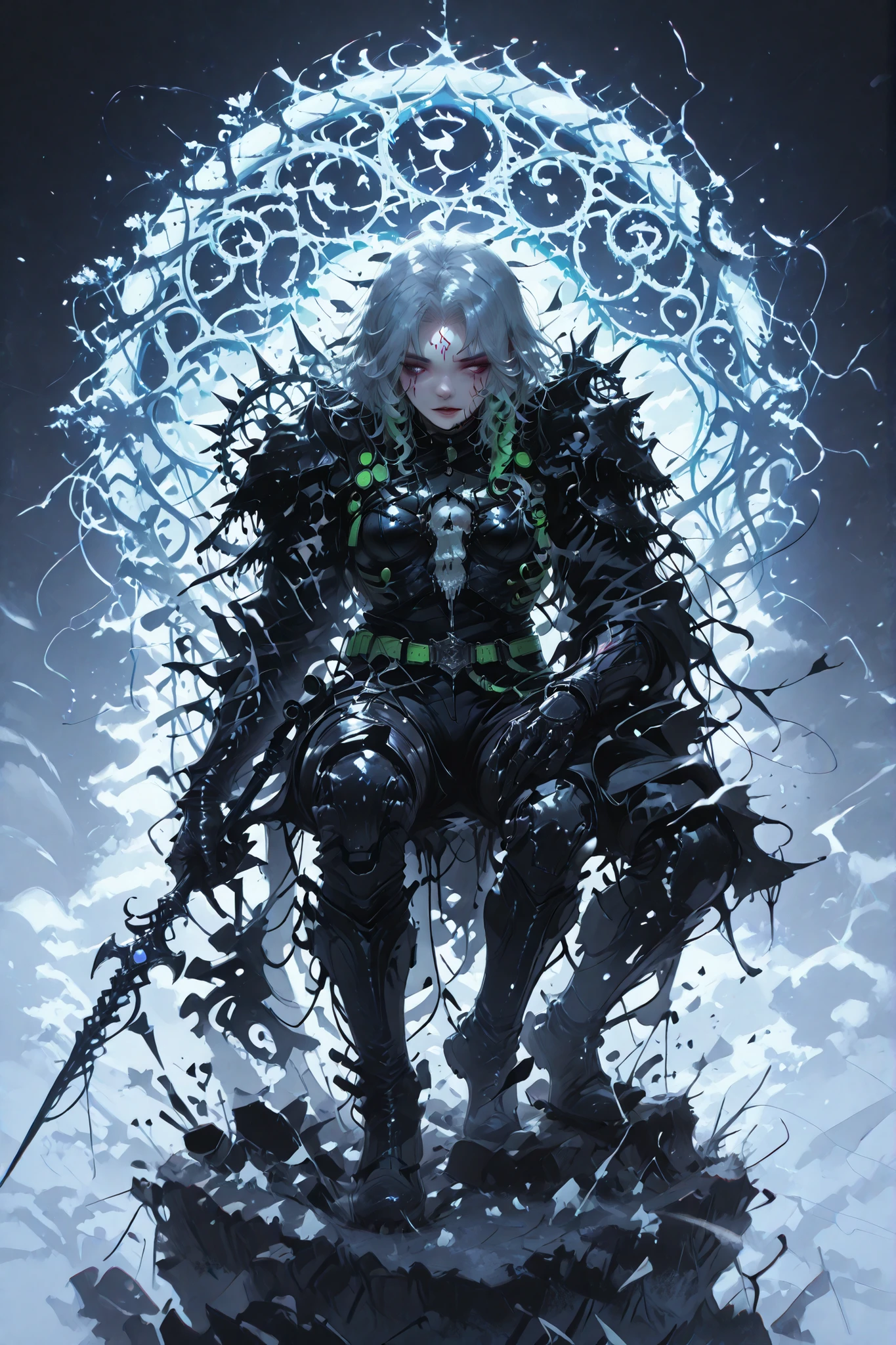 demonic horse woman with green locks and gray hair hair in a black and red bodysuit,seductive girl with tattoos,sex position,косплей anime-девушки,anime-девушка в реальности,detailed ,high definition,photorealistic,perfect lighting,careful drawing,deep detail,anime,Realistic,4K,HDR,professional,bright colors,blurred background,держит в руках Staff dream Catcher, тату dream Catcher на груди, dream Catcher, Staff, green harness, detailed угол сзади, standing on a cliff, terrible ghosts are flying around, огромный dream Catcher, portal