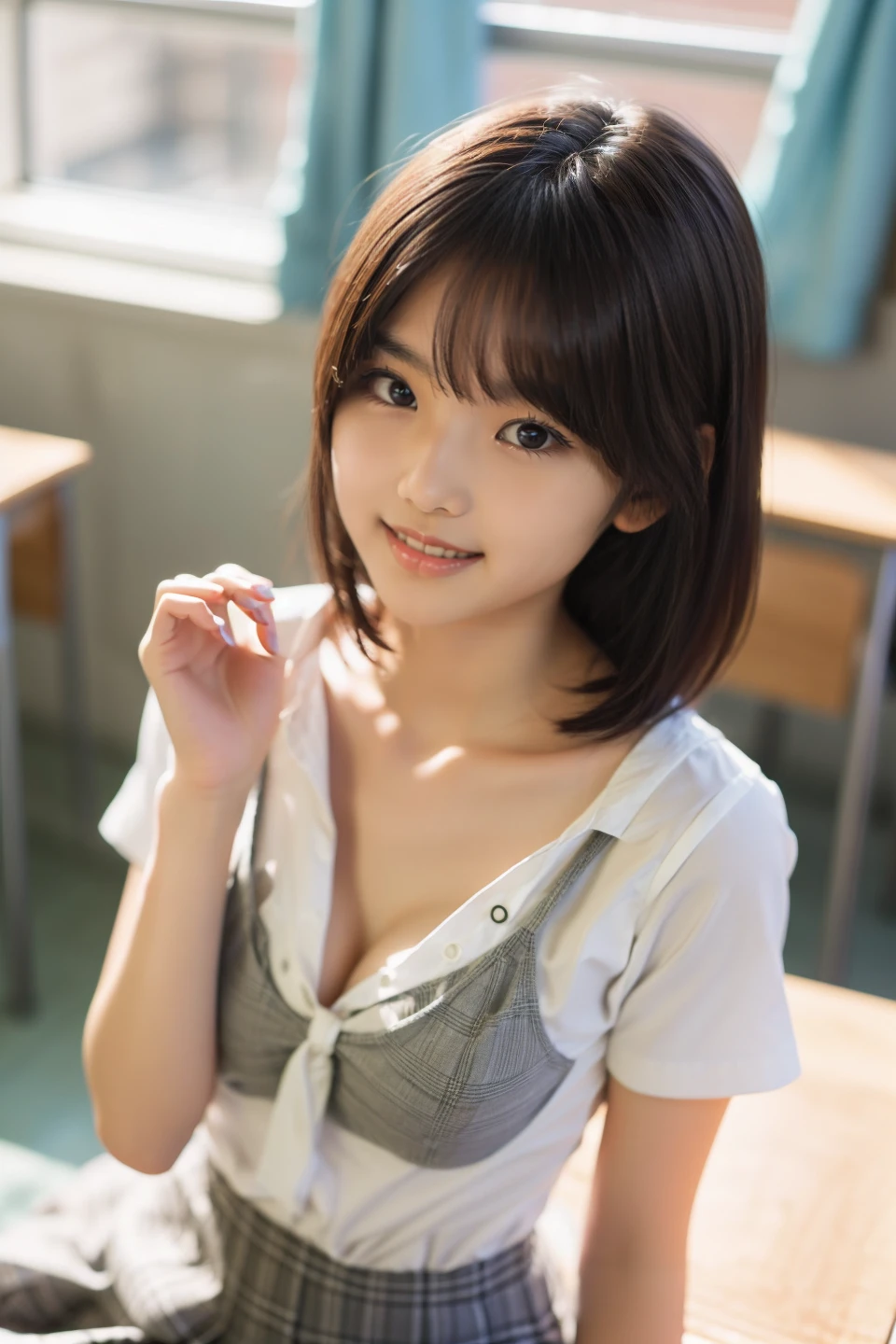 One girl,summer,classroom,Chair,Sit down,Black Hair,Fluffy short hair,Dark blue tank top,Checked skirt,Chest line,Small swelling in the chest,smile,6th grade elementary school,Innocent,sense of cleanliness,front,Look here,transparent, Soft Light,(masterpiece, Highest quality), Structure of the film, Like a movie