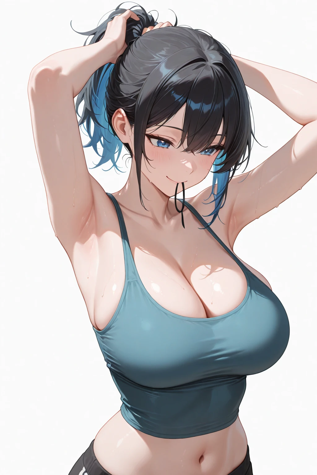 Perfect, masterpiece, (best quality, highres:1.2), 1girl, beautiful detailed eyes, beautiful detailed lips, extremely detailed eyes and face, long eyelashes, medium:oil painting, vivid colors, HDR, studio lighting, ultra-fine painting, sharp focus, physically-based rendering, extreme detail description, portraits, ((organized fingers)), curvy body, big breasts, perfect shape, facing viewer, sweaty, gorgeous, ((arms up)), sleeveless turtleneck, straddling, smiling, shot from below, gazing at the viewer, cleavage