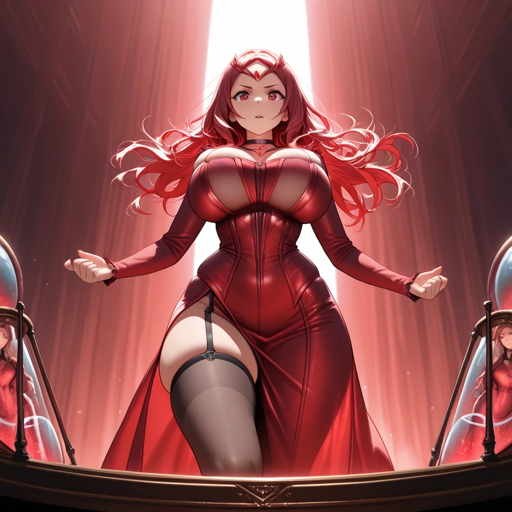 Masterpiece, Ultra detailed, 1 girl, long hair, red hair, white eyes, bright eyes, radiant, sexy super short dress, red dress, big breasts, no shoes, standing, legs crossed, posing