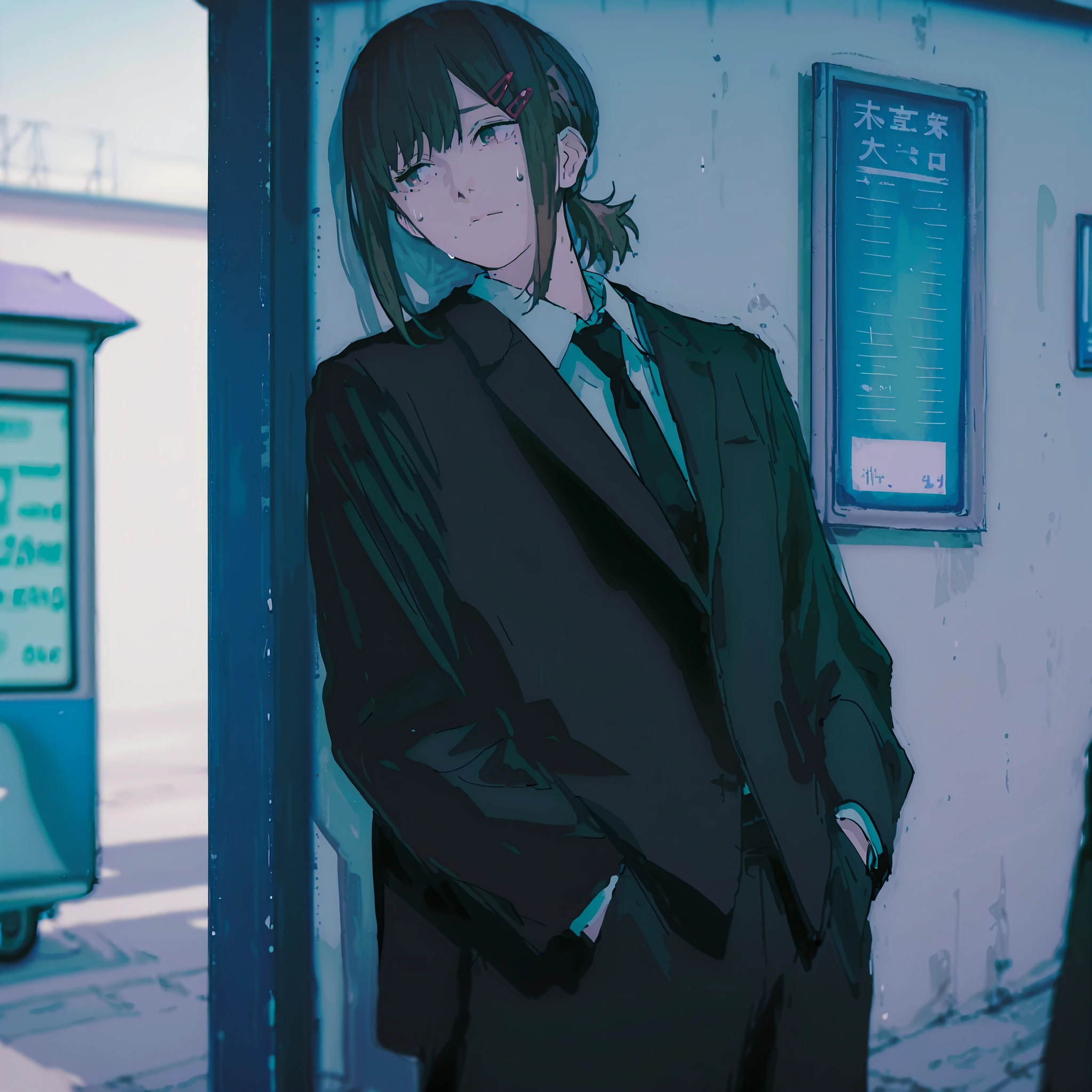 masterpiece,best quality,amazing quality,very aesthetic, absurdres , newest , realistic filter ,(1girl) , solo ,kobeni, hair ornament, mole, mole under mouth, hairclip, multiple moles, single sidelock, mole under eye, brown hair, bangs, short ponytail, brown eyes, short hair black necktie, business suit, black pants, suit jacket, black suit, sweatdrop , hands on pockets ,(under the eaves) , the bus stop ,leaning on the wall, outdoor , sunlight , shadow , Depth of Field, sweatdrop , hands in pants pockets ,(under the eaves) , the bus stop ,leaning on the wall, outdoor , sunlight , shadow , Depth of Field