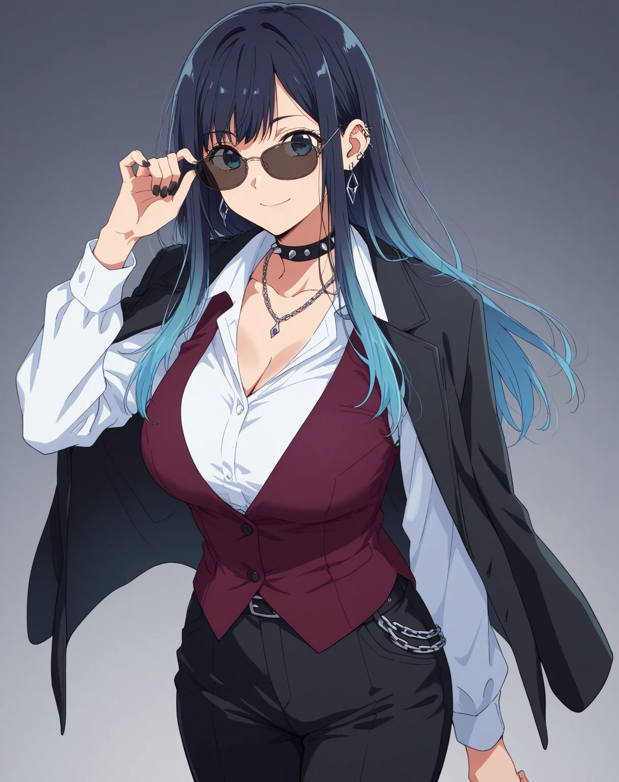 (unbuttoned shirt, black jacket:1.3), (black pants:1.2), blush, naked breasts, green, home (blurry:1.2) background, , xianyun, glasses, hairbun, pupils, earrings, breasts,  long hairbun, [black hair | green hair]