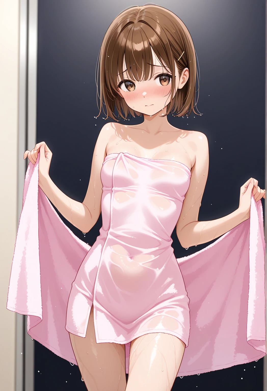 Highest quality, Super Resolution, 8k, Delicate depiction, masterpiece, chibichara, too young girl, Cute, One beautiful junior high school girl, Young face, Baby Face, cute, Lustrous brown hair, Small breasts, (Small breasts:1.6), Bedroom, Uncontrollable sexual desire, Erotic, She's lustful, Lifting her shirt to show her nipples, Tears in my eyes, She shows her nipples, I only show my breasts to you, The nipples and areola are pale pink., She looks very embarrassed with her pussy juice oozing out., I&#39;m ready to give my virginity to you, I want you to touch my pussy, I want you to see my pussy, Get on one knee, The  is messy, cute縞模様のパンティ, She pushes her panties aside with her fingers to expose her pussy, A lewd act only shown to you, Immoral Eros, Make a man crazy, Dynamic Angle, 