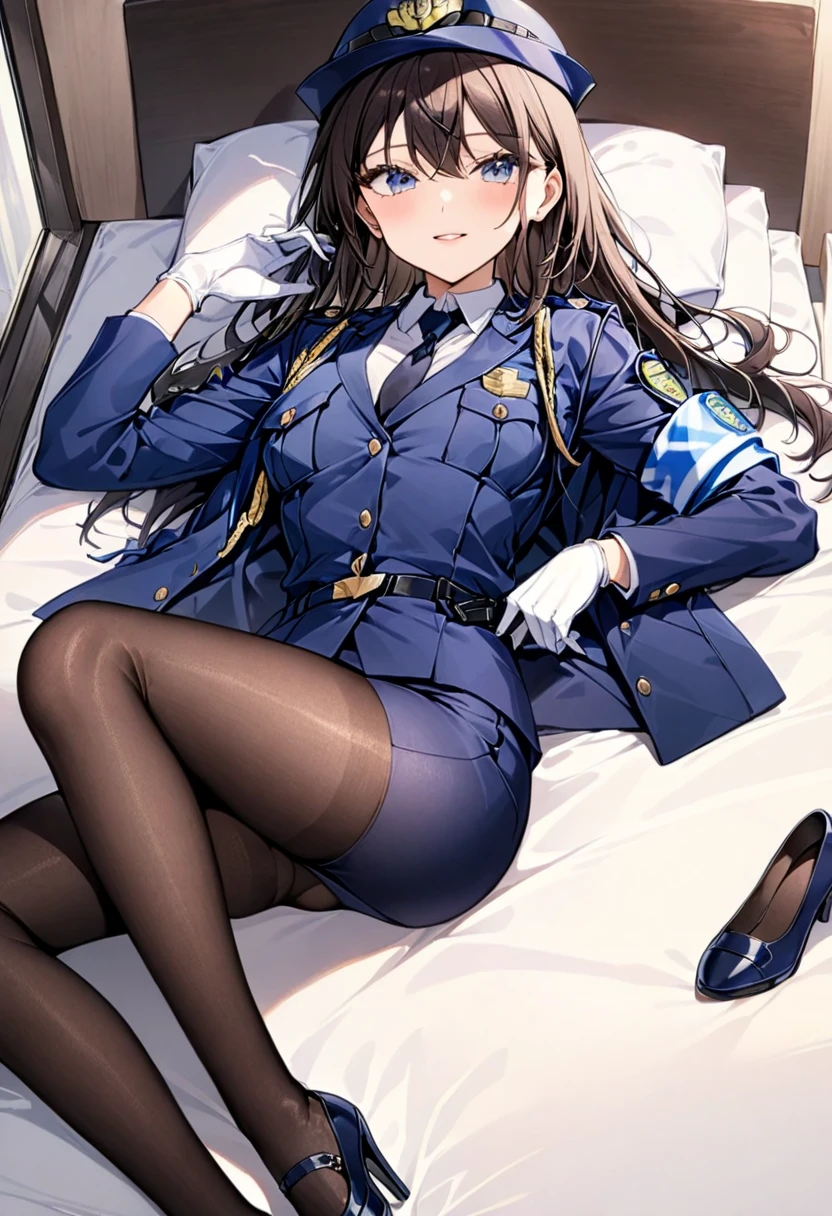 Takiinoue, Inoue Takina, Long hair, Bangs, Black hair, (Purple eyes:1.2), BREAK shirt, Long sleeves, Dress, bow ribbon, School uniform, White shirt, Collared shirt, Belt bag, Neck ribbon, Blue Dress, Green Ribbon, pleated dress, grey dress, Two-tone dresses, Blue belt, Lycoris Uniform, masterpiece、top-quality、best、超A high resolution、intricate-detail、An ultra-fine illustrations、perfect anatomia、Correct anatomy、perfectly proportions、Full body of one 、face perfect、Hands are2、perfect hand、The feet are in2、perfect leg、4 fingers and 1 thumb、Perfect fingers、18year old、女の子1人、Full body from head to leg、full bodyesbian、、Thin leg、sitting down on the floor、Put on the floor、laying on back、Opening legs、Inter-strands、Lying on a white bed facing the front、Slender feet、legs slightly open、Sleeping in a big letter、Legs are spread、Panchira、Full body portrait、Panting face、red blush、Embarrassed look、A slightly sad look、white panties、Pure white panties、Black_Stockings、black transparent stockings、Black knee socks、Black Knee High、Black stockings、Black pantyhose、Black Lace Pantyhose、black lence stockings、Black light pantyhose、Black transparent pantyhose、No shoes、No shoes on、White background under stockings_Pure white_panties on、Pure white underwear、Pure white panties、Panties are visible from the skirt、I took off my skirt、I don't wear a skirt、Pure white bra、Japanese high school students、Bedrooms、in a house、during daytime、()、((full body Esbian))、masterpiece、(top-quality)