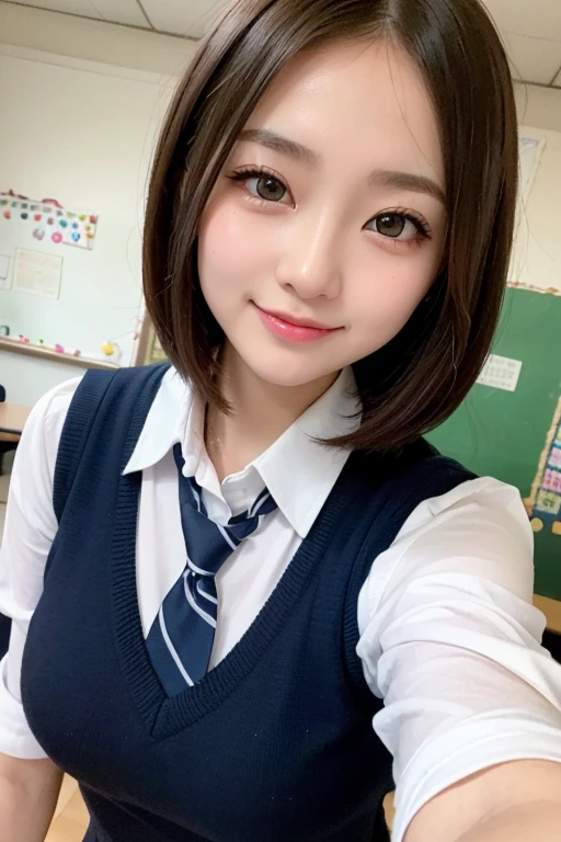 Very detailed 8k wallpaper)、sharp-focus、in detail、drama、Delicate and beautiful schoolgirl、17 yr old、Sheer white shirt、necktie、Dark blue pleated micro mini、light brown-hair、Smooth pigtails、hair ornament、smile on face、Peek at the viewer、Beautiful graphics、Bright school building、Full of students、school room、Show me your whole body、