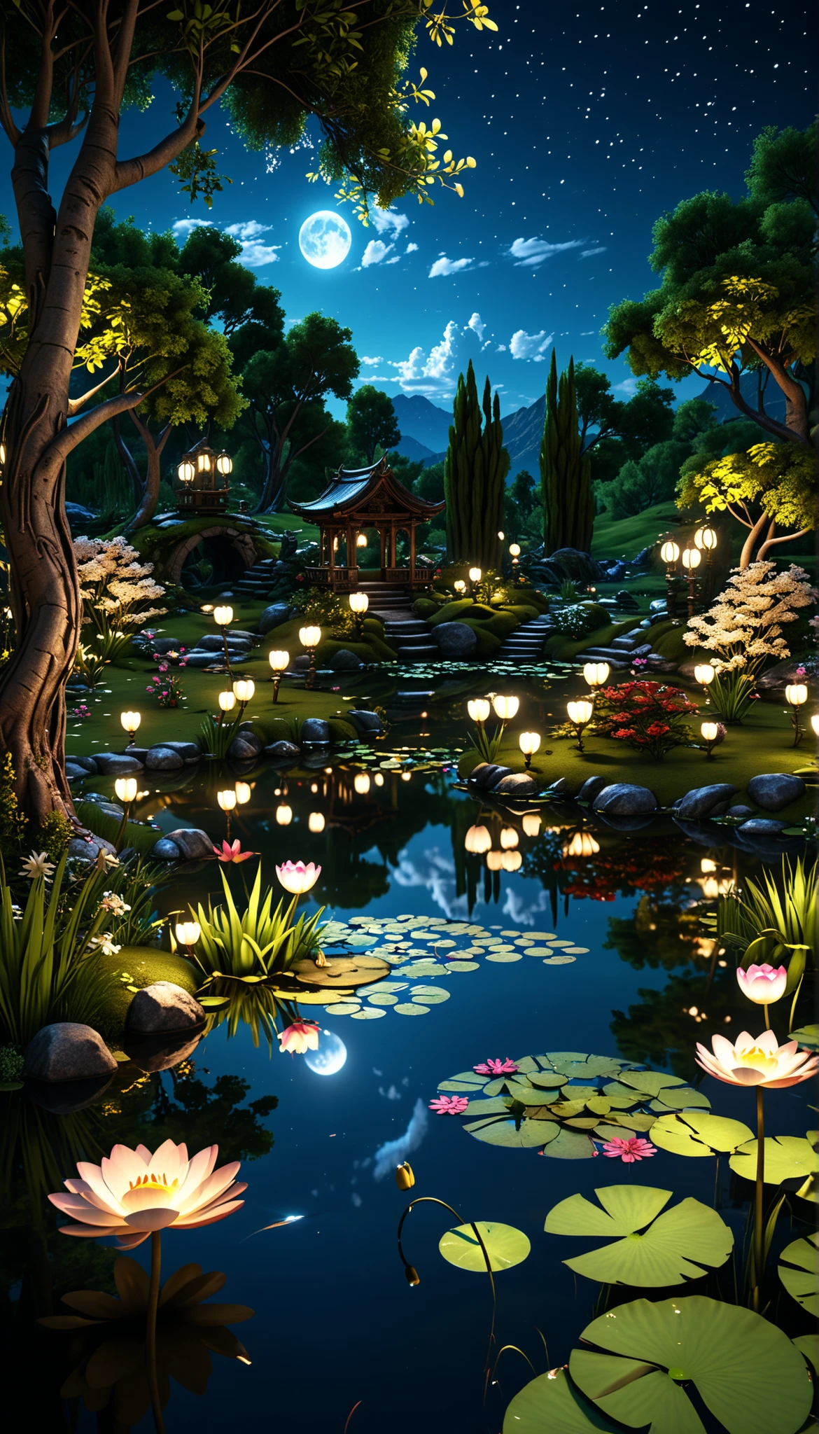 masterpiece, best quality, Extremely detailed CG unified 8k wallpaper, There is a magical pond at night, meticulous, movie lighting, high resolution, 12k,3d
