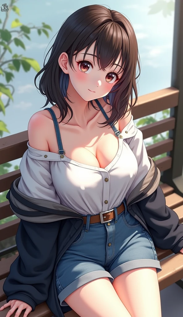 CG, Unity, 8K, wallpaper, Highest quality, masterpiece, 天Oceanはるか, (smile: 1.2), Showa era crew cut hairstyle, Sit on a bench, Yellow Camisole BREAK Denim Shorts, barefoot, Thighs, Large Breasts, Sweat, Best lighting, Complex pupil, Intricate weaving, Detailed Background, Japan, Ocean, 