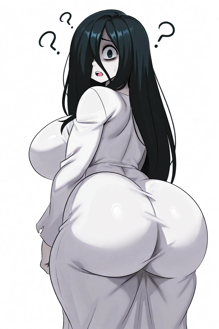 my hero academia style, Female gender, long wavy black hair with purple tips, violet eyes, White skin, naked with big breasts and a butt too and who has an embarrassed face