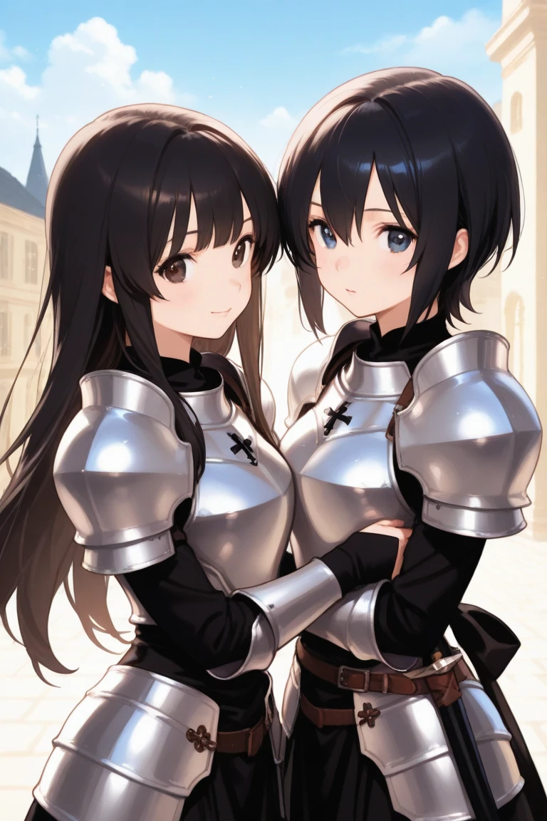 Black Hair Beautiful breasts tiara armor Short Bob White mini skirt White tights White panties grassland battlefield female knight Sisters Height difference