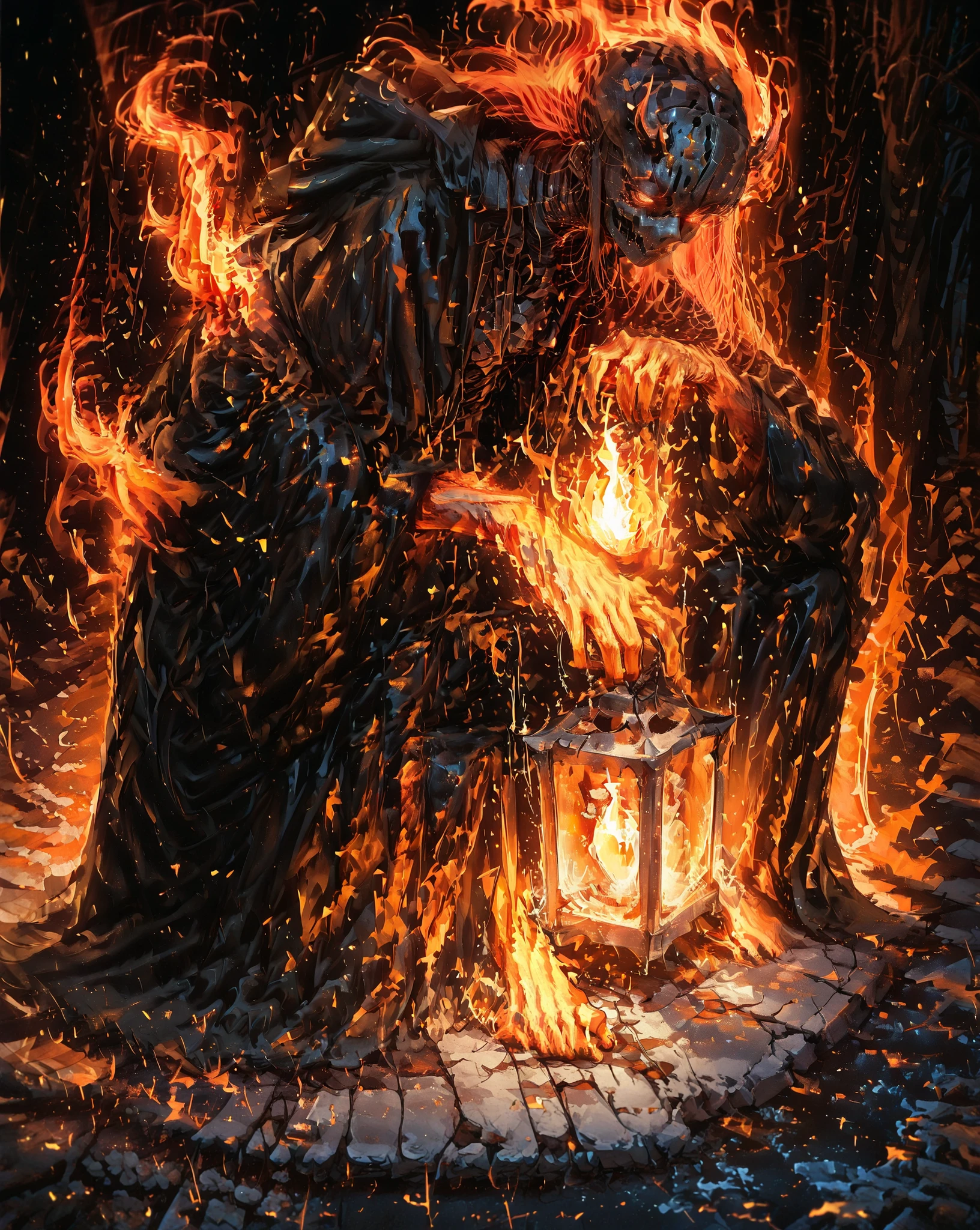 Masterpiece, natural lighting, night, perfect shadows, ray tracing, detailed image, perfect human anatomy, tall, slender humanoid figure with slightly hunched posture and elongated limbs, partially translucent skin revealing faint glowing veins, face partially obscured by a metallic bone-like mask or structure with twin glowing eyes like small flames, chest or head housing a caged living light source, wearing long scorched robes or torn ceremonial fabrics stained with ash and flickering with embers, holding a mysterious organic lantern emitting hypnotic warm light, surrounded by swirling motes of dream-dust and ash, his aura is eerie and reverent like a prophet in a broken world, dreamlike background with cracked ground and shifting shadows, cinematic dark fantasy horror, high detail, warm and cold light contrast, 4k full body concept art