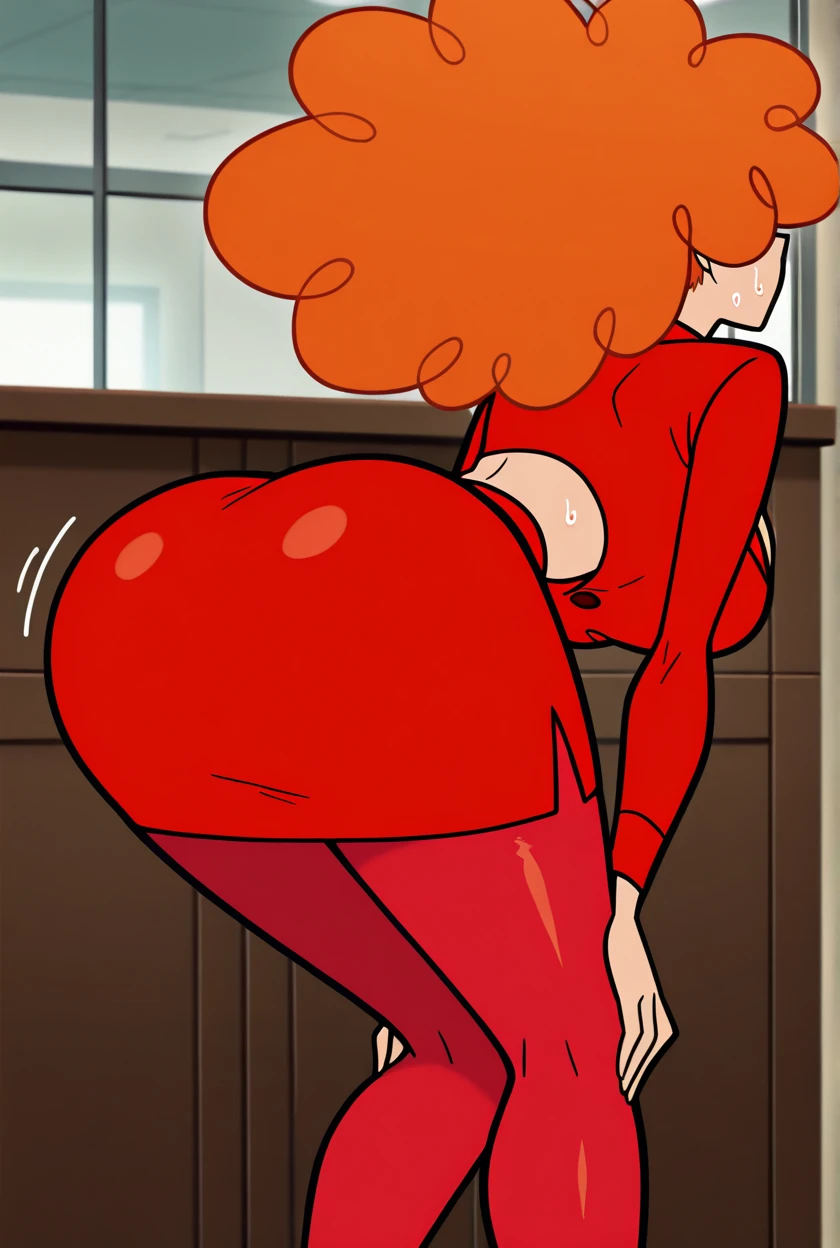 newest,nsfw,1girl,solo,blush, (masterpiece, best quality), extremely detailed,illustration, full body, red eyes, red eyeshadow, ((crimson red hair, long hair, curly hair, fluffy hair, 80's hairspray, bangs)), smiling, red lipstick, beautiful woman, light skin, ((panties aside, pussy, wearing long sleeve leotard, latex leotard, shiny leotard, highleg leotard, red leotard,bare legs, red boots)), looking at viewer, thick thighs, large breasts, wide hips, thin waist, freckles, curvy, voluptuous, anime screencap, sitting on bench, spread legs