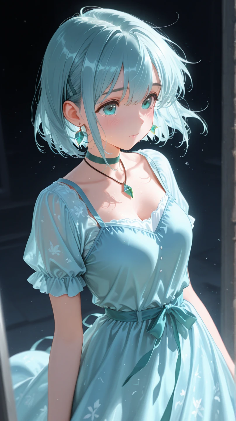 ((masterpiece)), illustration, best quality, 1girl, medium breasts, bob cut hair, ((sky blue hair)), perfect anatomy, perfect hand, emerald eyes, rubys over head, blunt bangs, long eye lashes, make up, lighting, confessing, bokeh, blush, indoors, lighting, confessing, bokeh, (blurry background), leashed, chained