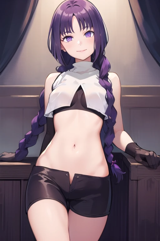 fern, fern, long hair, bangs, (purple eyes:1.1), purple hair, sidelocks, blunt bangs, (bright pupils:1.5),
BREAK team rocket,team rocket uniform,white skirt,crop top,black thigh-highs,black elbow gloves,
BREAK looking at viewer, (cowboy shot:1.5),
BREAK (masterpiece:1.2), best quality, high resolution, unity 8k wallpaper, (illustration:0.8), (beautiful detailed eyes:1.6), extremely detailed face, perfect lighting, extremely detailed CG, (perfect hands, perfect anatomy),