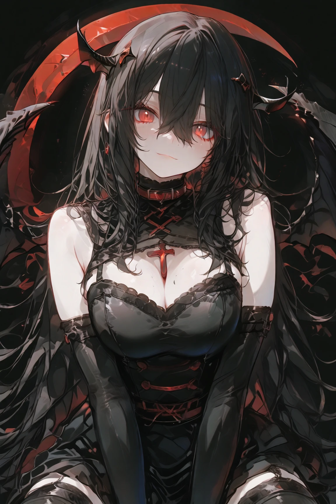 Una chica de cabello negro ojos rojossostiene la Bloody Helice desde dentro del Elden Ring con un agarre inverso.