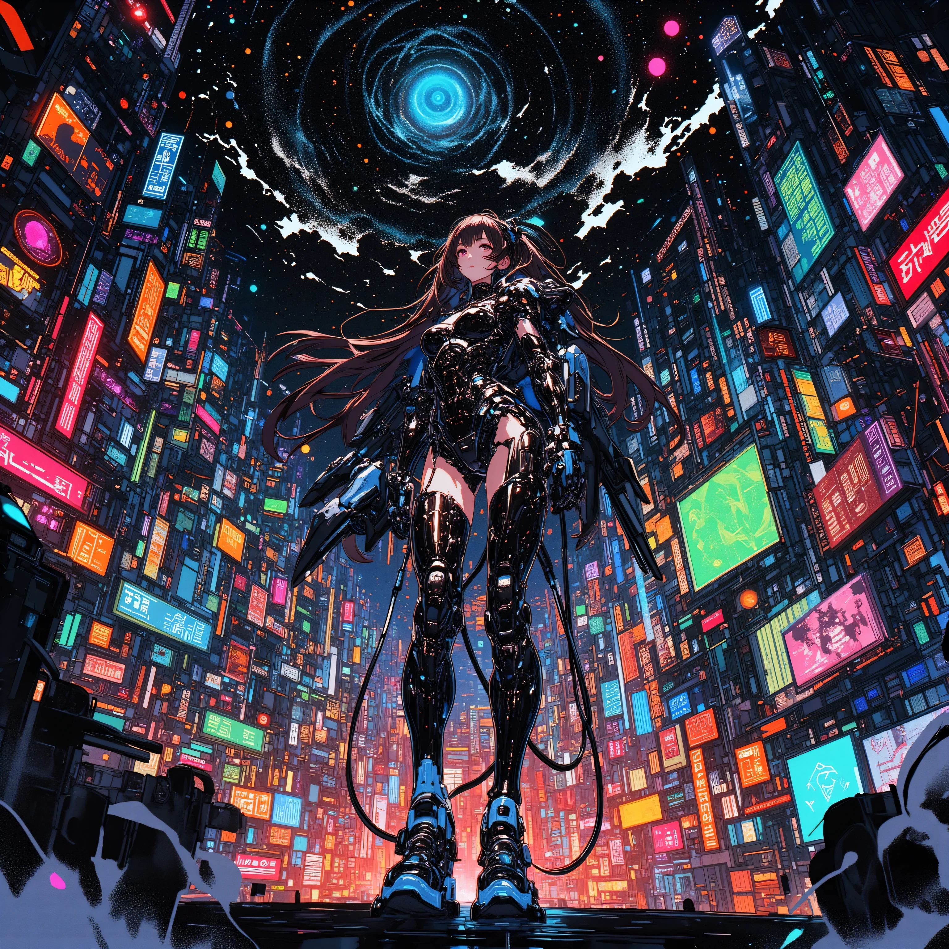 ((Highest quality)), ((masterpiece)), (Very detailed:1.3), 3d,Neon Black, Beautiful Cyberpunk Woman,(Wear a large, high-tech head-mounted display:1.2),wear a cape,Hacking a computer terminal,Purple neon light from monitor, Green neon sign on the wall,
