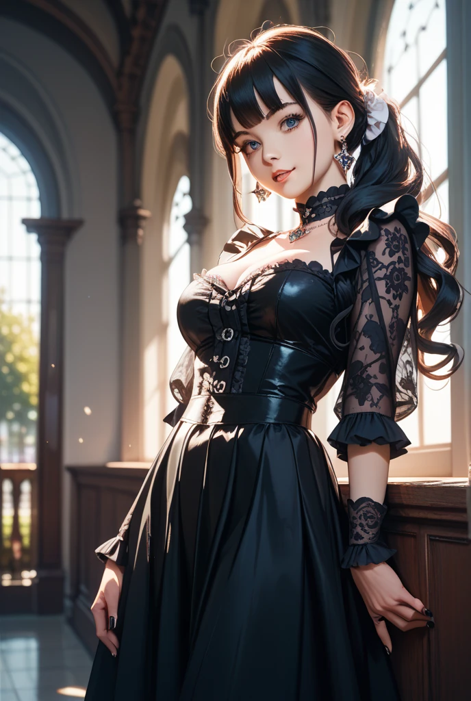 ((masterpiece))、(top-quality)、(detailed, 27 years old)、(1girl, her is seen)、black hair、green glowing eyes、Upskirt. She's wearing a gothic Lolita dress, looking down to viewer、huge tits、Clean thighs、She's standing in the lens is looking upskirt at her . She's holding her breasts and a nipple is slipping out of her shirt. You can see her a little , upskirt. is visible. Glossy skin. Mature face. She's smiling. No teeth. Closed mouth