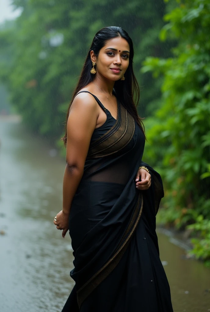 Indian model,40 year old girl, plus size body type,dark brown oily skin, glossy red lips,long black hair, wearing saree, wet body, wet saree,see through clothes,raining, outdoor background, greenish background, full body view, high resolution