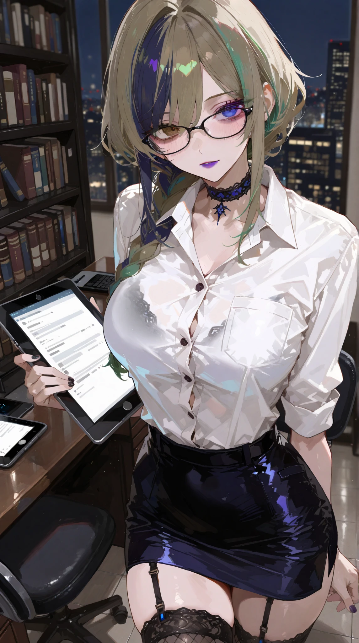 <lora:kim-10:1>Kim Mi-Jung, nail polish, purple hair, collared shirt, lips, holding, 1girl, bag, cleavage, solo, holding phone, blinds, purple eyes, shirt, , upper body, white shirt, , dress shirt, phone, smartphone, cellphone, mature female, short hair, glasses