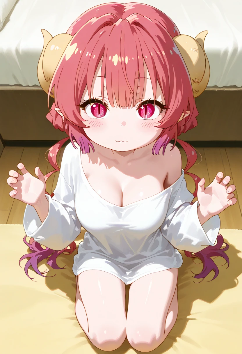 score_9, score_8_up, score_7_up, source_anime, anime screencap, no shirt, full body, smile ,large breasts, ilulu, dragon girl, long hair, pink hair, dragon horns, pointy ears, multicolored hair, red hair, bangs, slit pupils, feets soles, naked, nude, feet sole, 5 toe, peeing on feet, drinking from stream of pee in mouth, open mouth,