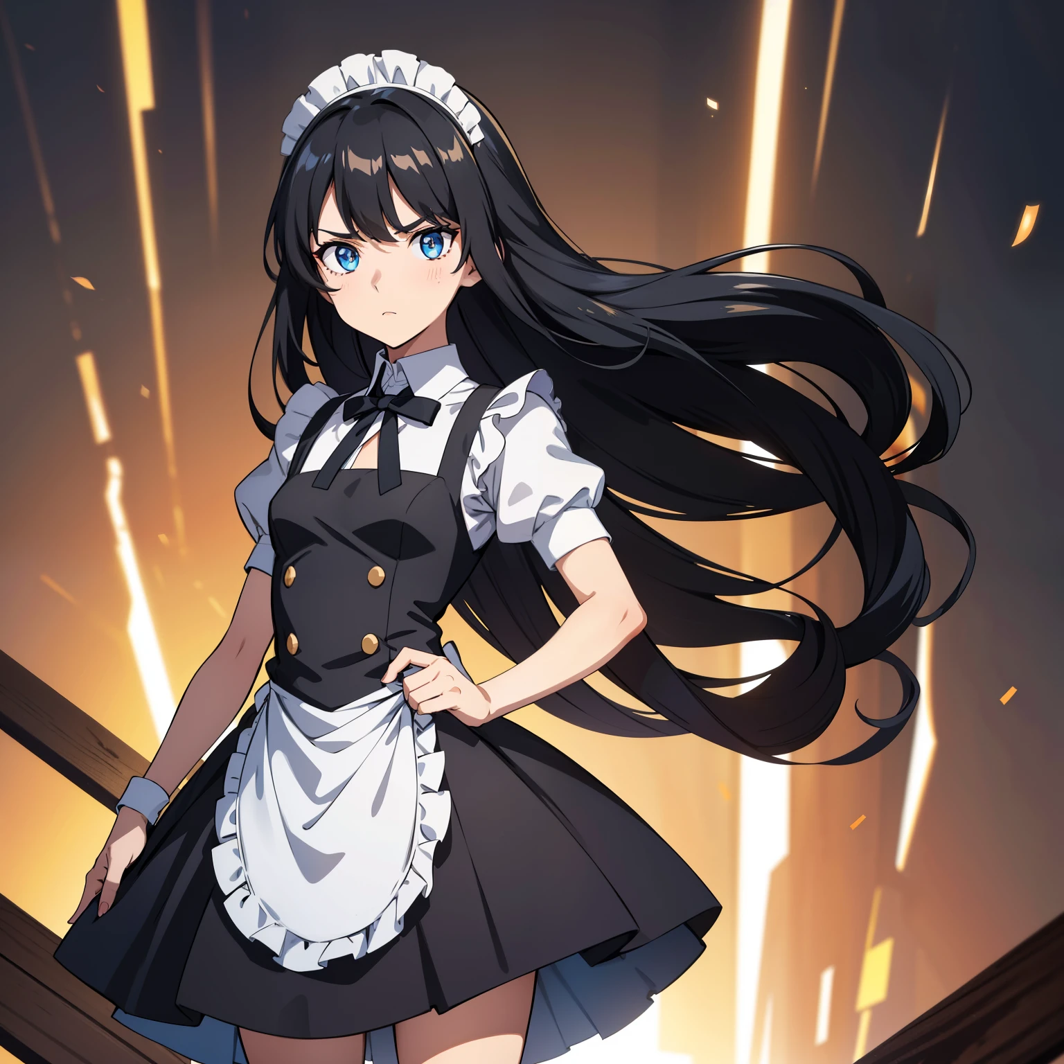 ( high quality , breathtaking),( expressive eyes , perfect face) full height, 1 girl, female, One, adult, 0, Black hair , blue eye color, long hair length, looking at the viewer , whole body, dissatisfied facial expression , maid outfit, height 4 "3, short stature, black skirt, light tanned skin , small breast , curly hair