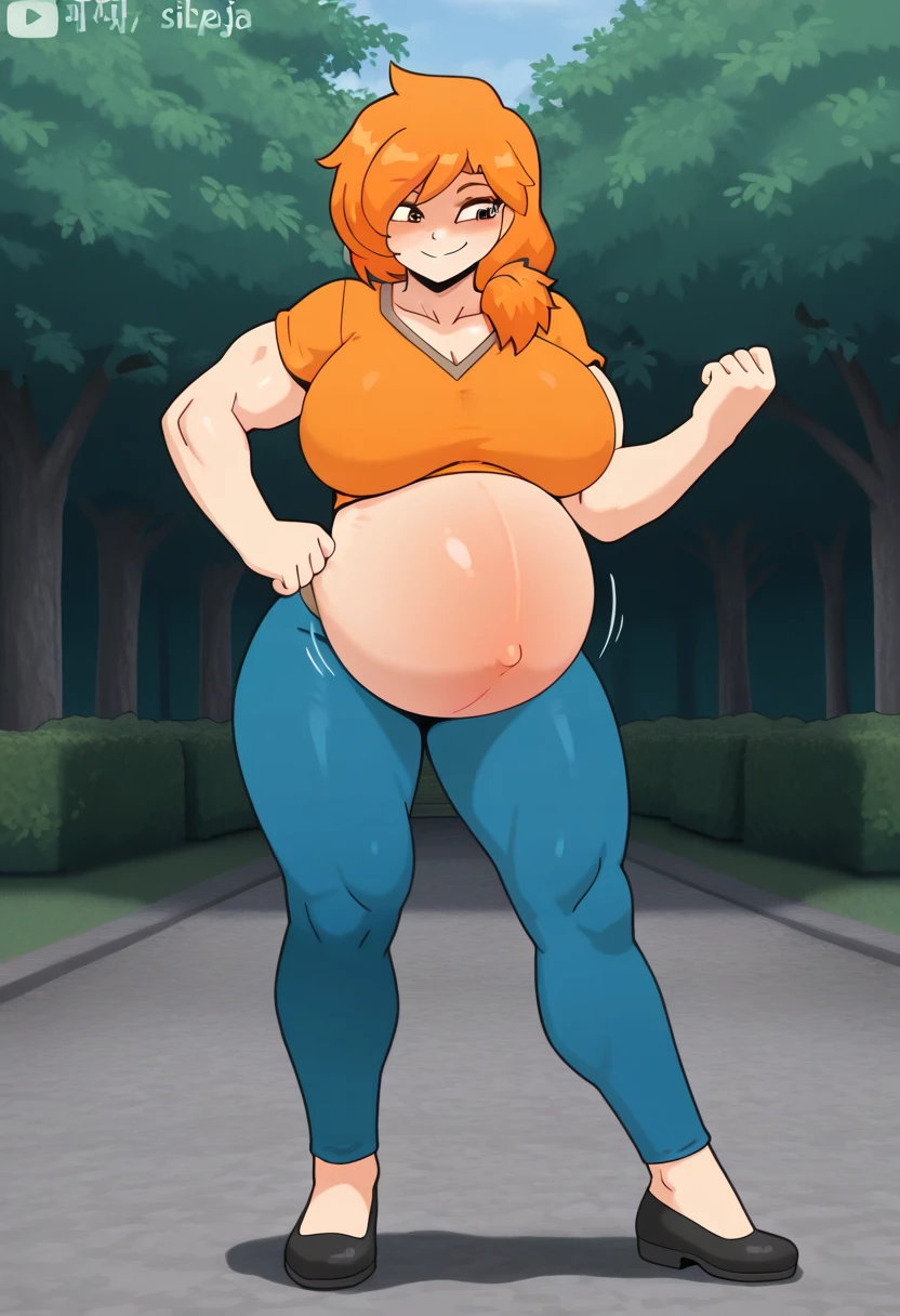 (masterpiece quality1.1), (insanely sophisticated detailed1.2), (realistic detailed beautiful face1.3), (1girl), beautiful face, RAW photo, best quality, high resolution, (masterpiece), POV, Batgirl, DC Comics, skintight outfit, Red hair, standing on Gotham City Rooftop, ((enormous belly)), ((incredibly overstuffed belly)), (photorealistic:1.4), dynamic volumetric lighting, professional photography, sharp focus, HDR, 8K resolution, beautiful angular face, high rating, intricate detail, sophisticated detail, depth of field, detailed soft eyes, big eyes, chubby, soft fat, smooth skin, tight clothes, undersized clothes, (correct anatomy1.6), ((hyper swollen belly1.5))