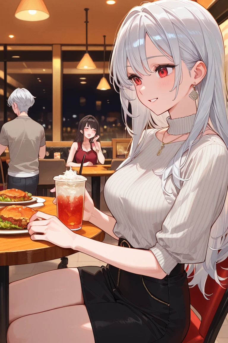 Female duo,Light clothing,Unbuttoned,Midnight,Adult atmosphere,Seaside restaurant