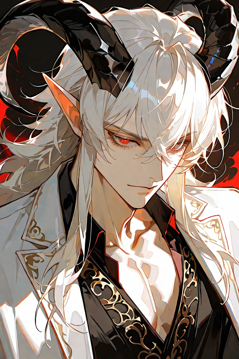 (Absurd, High resolution, Super detailed), 1 male, Adult,Create a highly detailed, anime-style illustration of a beautiful male demon. He has long, flowing white hair and sharp red eyes. He has large, curved horns with golden accents and intricate gold tattoos covering his upper body. The character has pointed elf-like ears and exudes a mysterious and alluring aura. The background should be simple and light, highlighting the character's features and emphasizing his ethereal and powerful presence. Use soft lighting to enhance the delicate details and smooth textures of his hair and skin