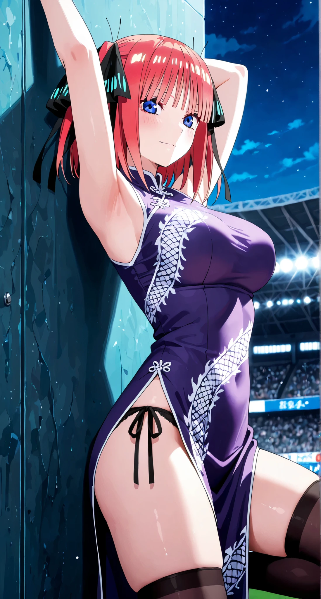 Nino　nanaco、short hair, Twin tails、Random color hair、 blue eyes, hair ornaments, Hair Ribbon, blunt , Both sides up, butterfly hair ornaments, skirt,Off the shoulder、Random color see-through kunoichi costume、Japanese see-through female samurai costume、See-through female ninja costume,, Open clothes, Collared dress emphasizes cleavage、胸の谷間のSweat is noticeable、Professional lighting light reflection、 looking at viewer, (masterpiece:1.2), Highest quality, High resolution, unity 8k wallpaper, (figure:0.8), (Beautiful fine details:1.6), Highly detailed face, Perfect lighting, Highly detailed CG, (Perfect hands, Perfect Anatomy),heavy rain、heavy rainで全身びしょ濡れ、heavy rainで全身びしょ濡れの服、High heels、 ((Perfect handsの形))、(Perfect foot shape、Embarrassed expression、blush、Gestures to seduce a man、Shining Sweat、Perfect Skin,Sweat is noticeable、太もものSweat is noticeable、 Fair skin,Tight waist, Sweating profusely、Sweaty hair、Sweaty clothes、Sweaty、Visible sweat、rain-wet hair、A vast Western church with stained glass windows、Holding a Japanese sword、Athlete System、cherry blossoms