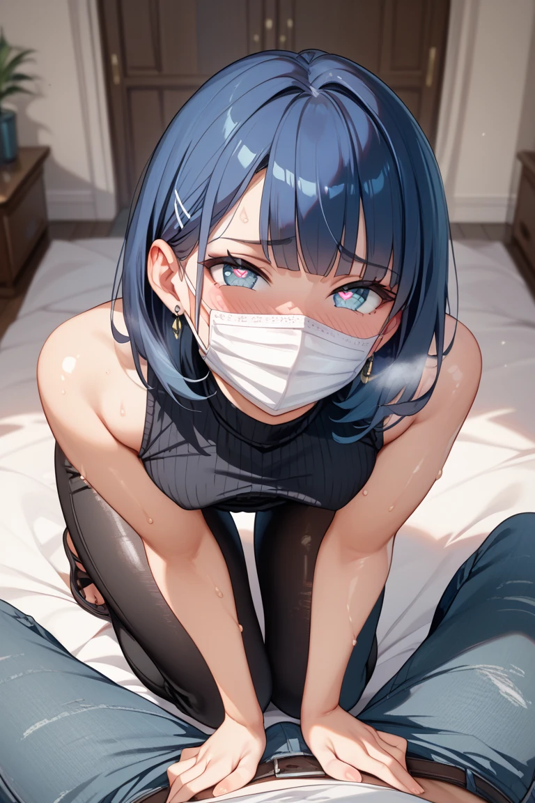Baggy blue jersey、Sitting with legs crossed、Panties fully exposed、Wearing a black mask