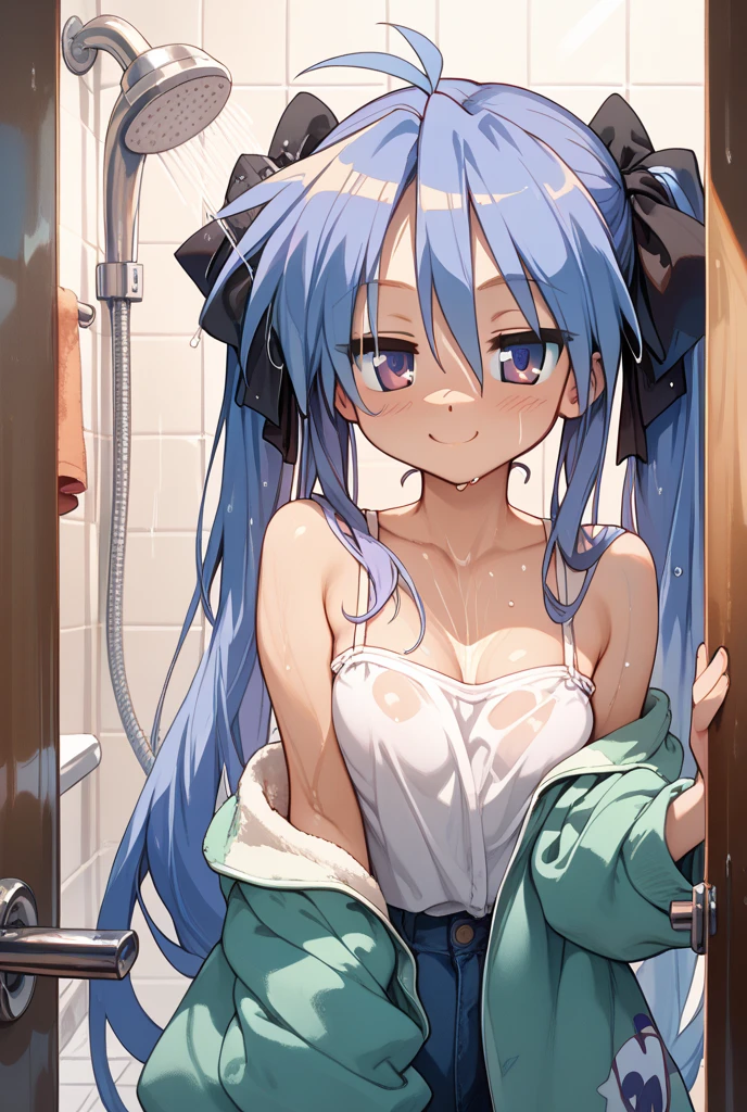 score_9, score_8_up, score_7_up, score_6_up, score_5_up, BREAK source_anime, rating_questionable, 1girl, small breasts, skyblue hair, very long hair, mint eyes, took a shower, white bathrobe, steam, towel, blush