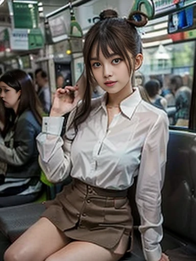 8K, masutepiece, Raw photo, Best Quality, Photorealistic, Highly detailed CG unified in 8K, 8K, Diamond, and wallpapers, depth of fields, Cinematic Light, Lens Flare, Ray tracing, (Extremely beautiful face, Beautiful lips, Beautiful eyes), intricate detail face, ((Ultra detailed skin)) 1girll, In the Dark, deepshadow, Pretty Korean girl, Kpop Idol, Photo of sexy woman sitting on airplane seat，Wearing a white flight attendant uniform，pleatedskirt，(very slim and slender muscular body:1.3), （Flesh-colored pantyhose：1.3），White standard flight attendant uniform， ((Colossal tits:1.0)),Wide buttock，being thin，red rip，黑The eye，（unholy：0.9），cross leg，（Textured fabrics：0.9），looking at viewert， (pale skin), (Big eyes),（ssmile：0.8），Flirting with the camera，（Metallic fabric：0.5），very intricate，（realisticlying，primitive：1.5）， side slits， （bblurry：0.9）， facial detailing， low quality photograph， highly contrast， In-flight， slender， bow-shaped， （birthmark：0.4）