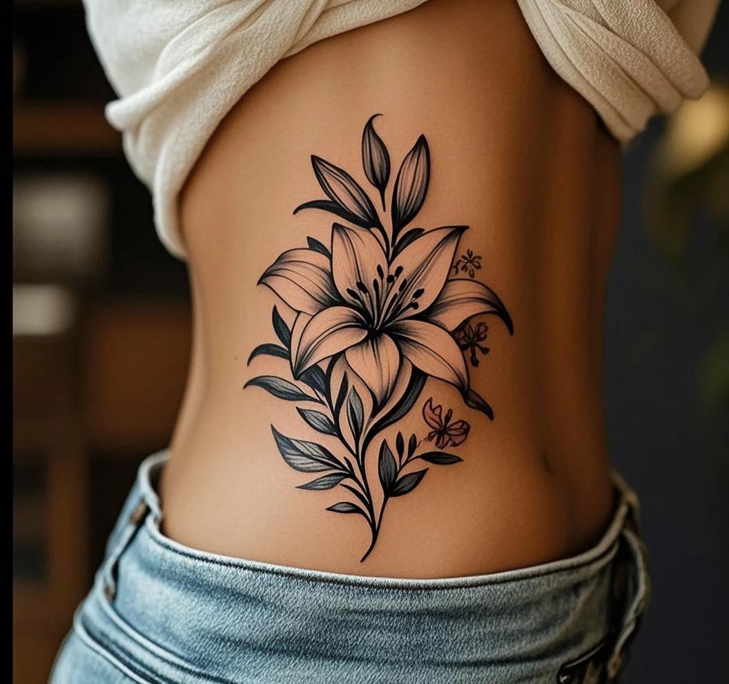 a close up of a woman's stomach with a tattoo of flowers and butterflies, body covered in floral tattoos, lower back of a beautiful, ink on skin, with colored flowers, floral tattoos, tattoos all over the skin, inking on skin, back tattoo, beautiful and realistic, flowers and butterflies, shaded tattoo, lower back, ultra - realistic and intricate
