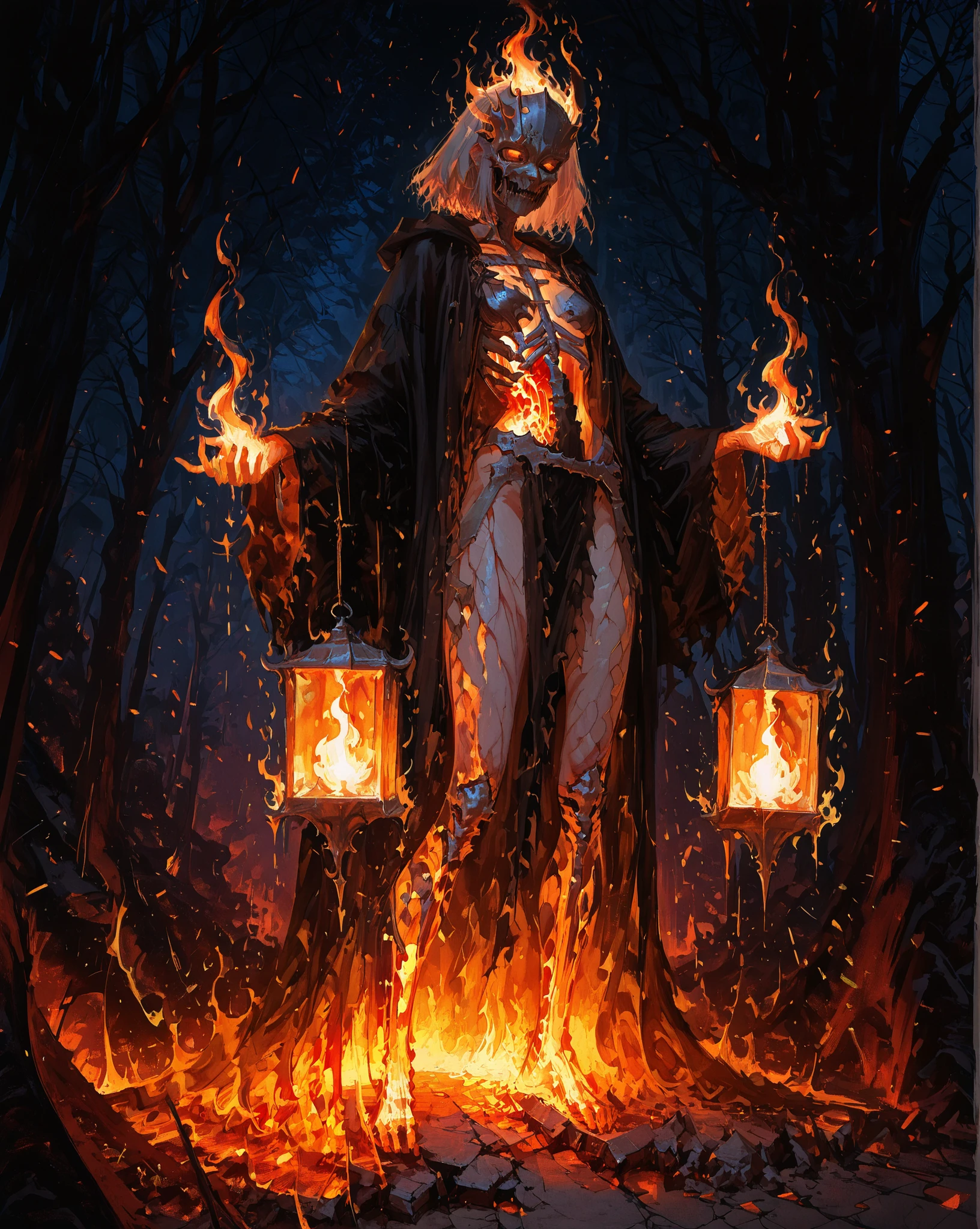 Masterpiece, natural lighting, night, perfect shadows, ray tracing, detailed image, perfect human anatomy, tall, slender humanoid figure with slightly hunched posture and elongated limbs, partially translucent skin revealing faint glowing veins, face partially obscured by a metallic bone-like mask or structure with twin glowing eyes like small flames, chest or head housing a caged living light source, wearing long scorched robes or torn ceremonial fabrics stained with ash and flickering with embers, holding a mysterious organic lantern emitting hypnotic warm light, surrounded by swirling motes of dream-dust and ash, his aura is eerie and reverent like a prophet in a broken world, dreamlike background with cracked ground and shifting shadows, cinematic dark fantasy horror, high detail, warm and cold light contrast, 4k full body concept art