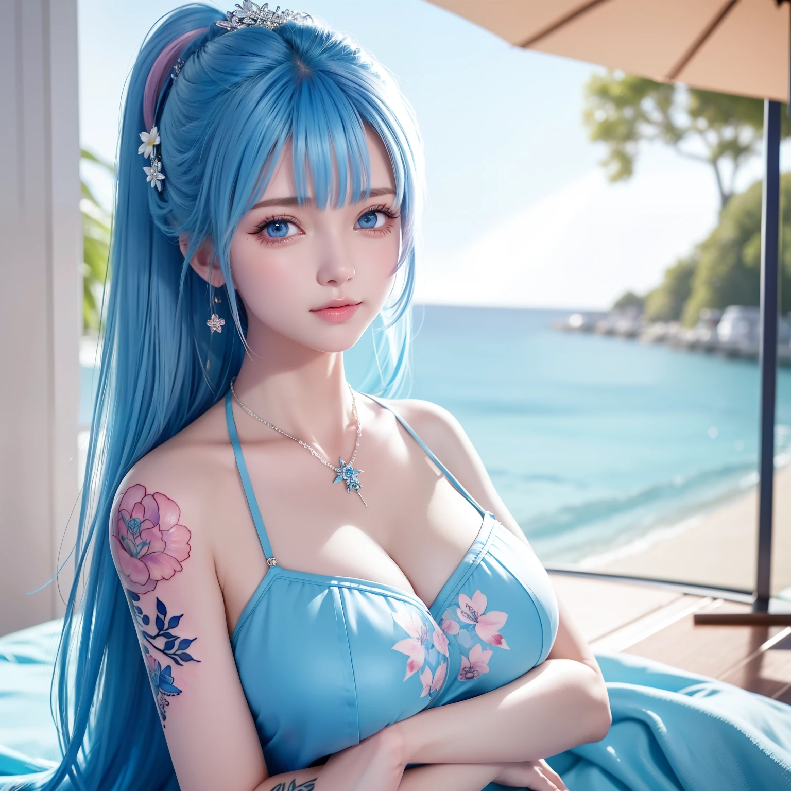 (masterpiece), (Best quality), (ultra detailed),(wild hair),(illustration), (1 girl), (fashion clothes), standing, model, big breasts, (interview), (simple background),beautiful detailed eyes, gentle beautiful face, floating,(high saturation),(colorful splashes),colorful bubble,(brilliant), focus on the face, ponytails, Kamiasto invited, light blue hair, bang, hair ring, floating flowers, floating hairs, (brilliant), full body, How,better lighting, best shadow,